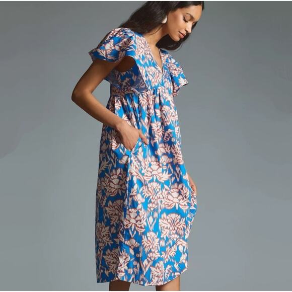 Maeve Anthropologie Baby Doll Flutter Sleeve Floral Cotton Midi Dress 2X - Picture 1 of 7